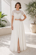 White Jewel Short Sleeves Two-Piece Chiffon, Lace Floor-length Wedding Dress With Lace and Front Slit