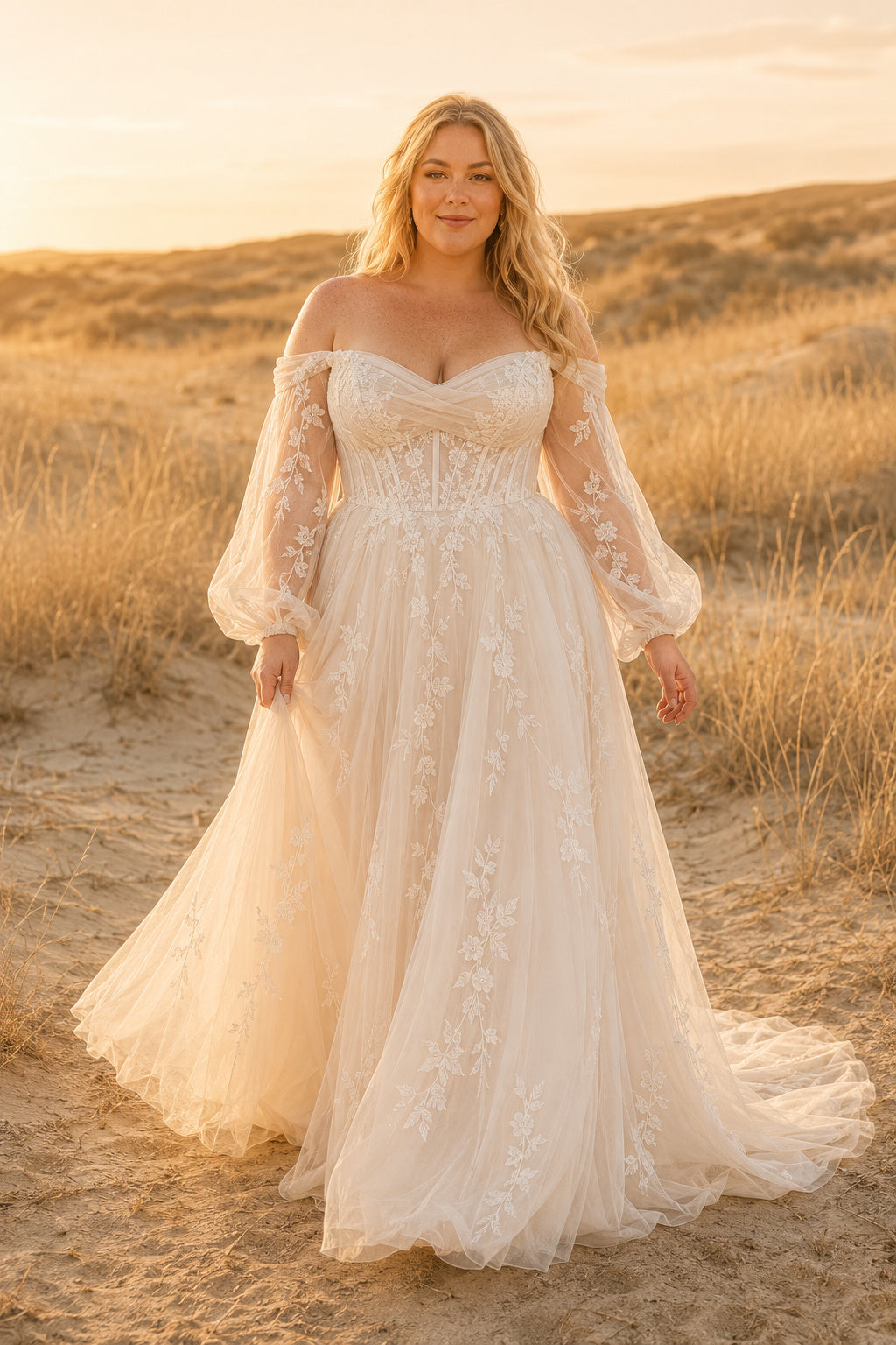 Plus Size Ivory Off-the-Shoulder Lace A-Line Wedding Dress with Bishop Sleeves front view