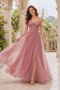 Dusty Rose Spaghetti Strap Glitter Tulle A Line Dress with Full Skirt Floor Length A Line Prom Dress front view