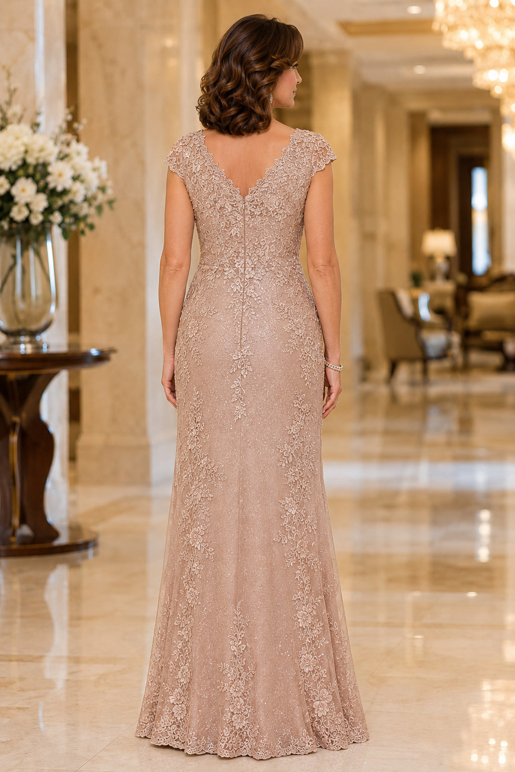 Champagne Cap Sleeve Sheath Mother Dress with Beaded Lace Overlay for Evening Reception back view