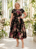 Black Scoop Neck Short Sleeve Floral Satin Tea Plus Size Guest Dress front view