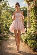 Blush Off-the-Shoulder Mini Tulle A-Line Dress