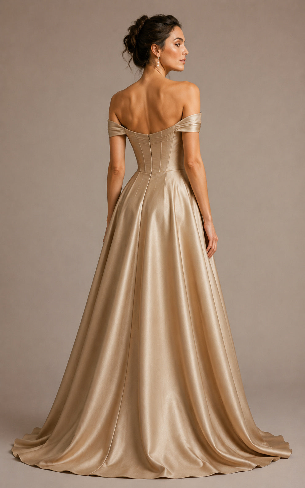 Champagne Satin Formal Gown Structured Bodice Floor Length Off Shoulder Dress back view
