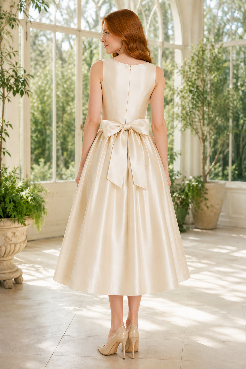 Ivory Sleeveless Satin Tea-Length Dress with Full Skirt and Bow Back back view