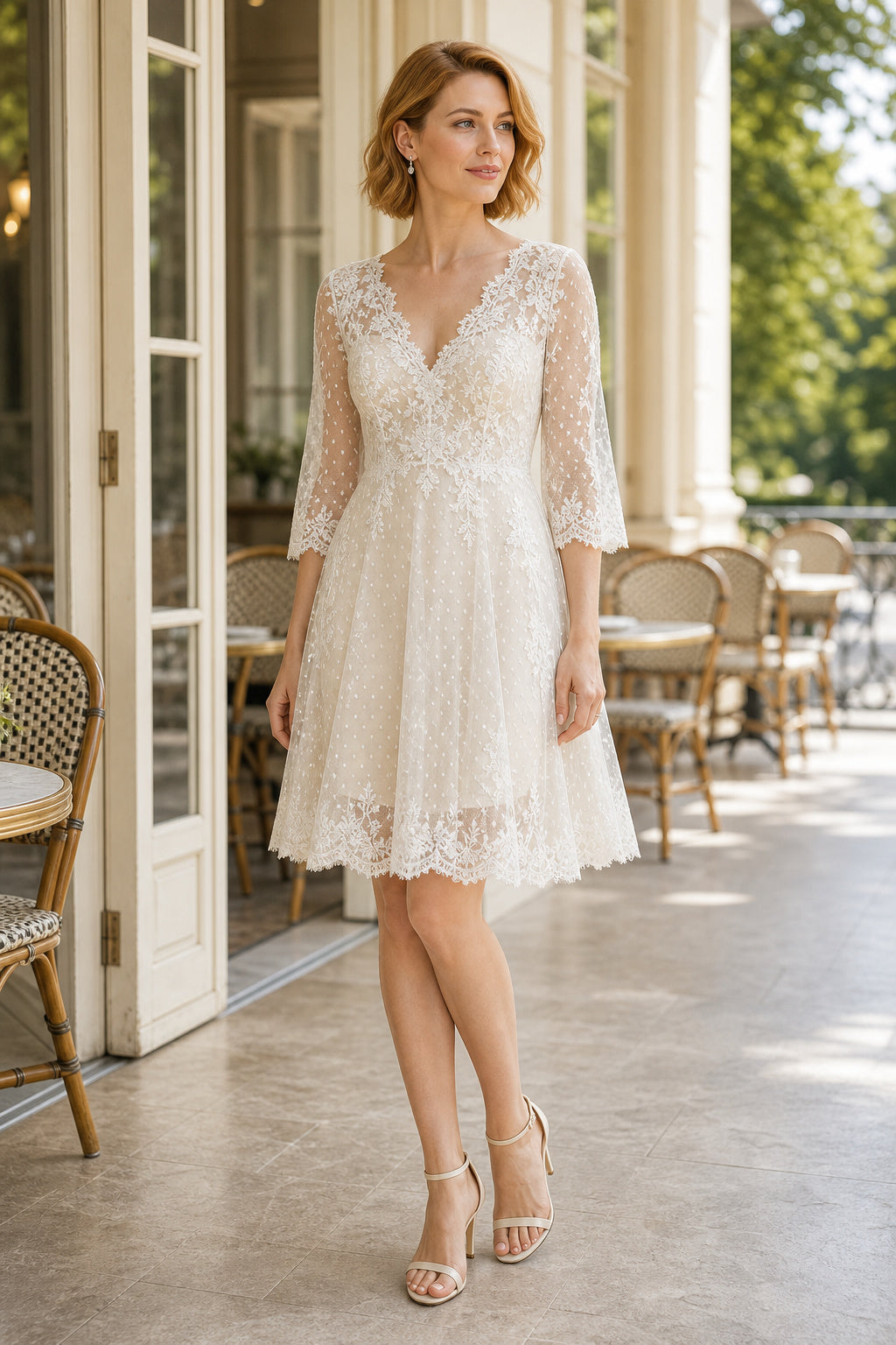 Ivory V-neck A-Line Lace Knee-length Dress With Lace