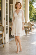Ivory V-neck A-Line Lace Knee-length Dress With Lace