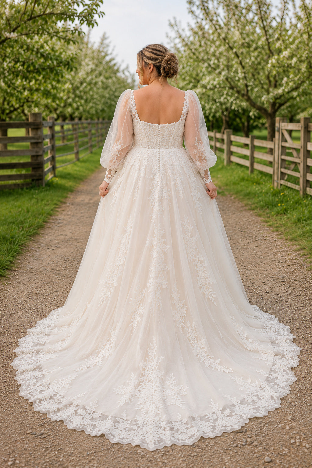 Plus Size Ivory Square Neck Puff Sleeve Lace Tulle A-Line Wedding Dress with Puff Sleeves and Lace Chapel Train back view