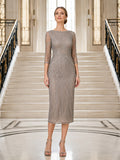 Silver Bateau Three Quarter Sleeve Geometric Beaded Sheath Ankle Guest Dress front view