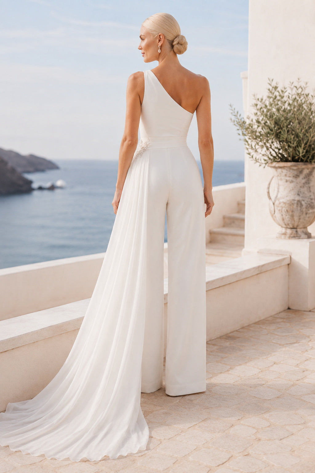 White One-Shoulder Draped Bridal Jumpsuit with Side Train back view