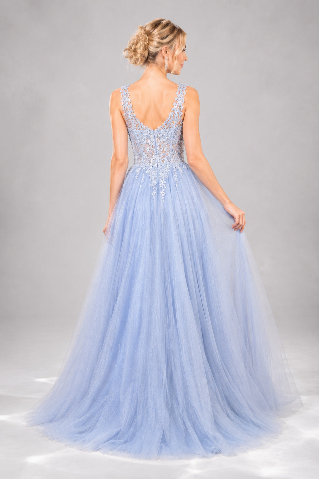 Sky Blue Beaded Tulle A-Line Prom Dress with V-Neck and Front Slit back view