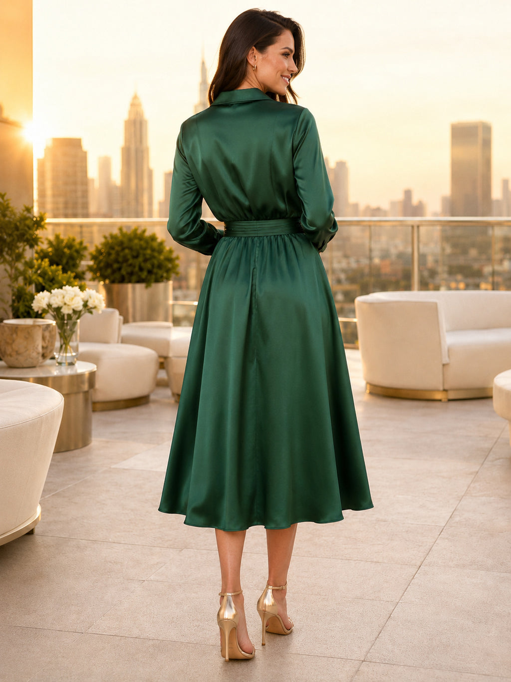 Emerald satin long sleeve collared A-line networking dress back view