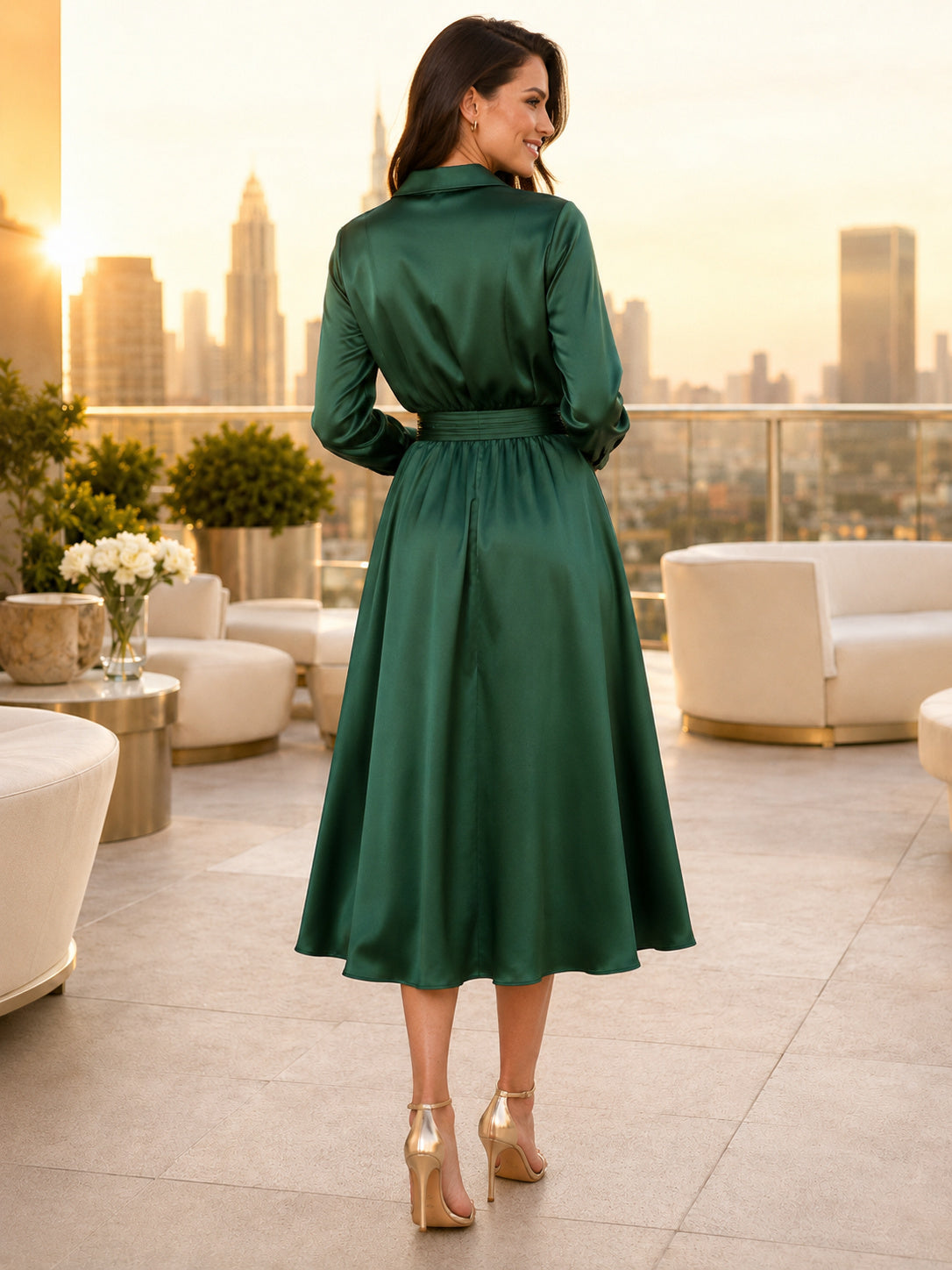 Emerald satin long sleeve collared A-line networking dress back view
