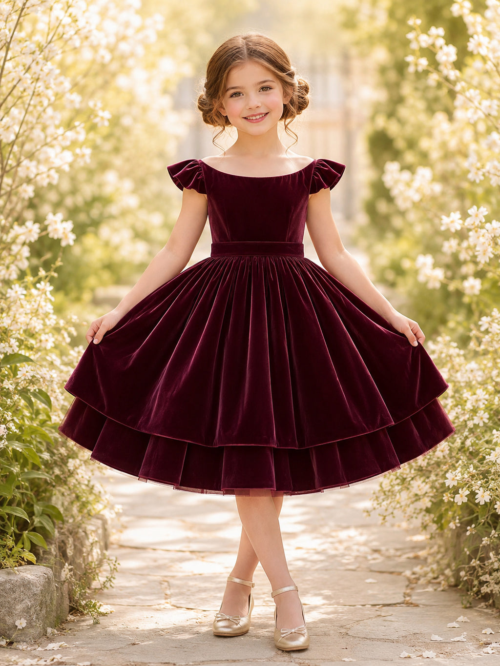 Plum Velvet Layered A-Line Flower Girl Party Dress with Cap Sleeves Ruffles and Bow front view