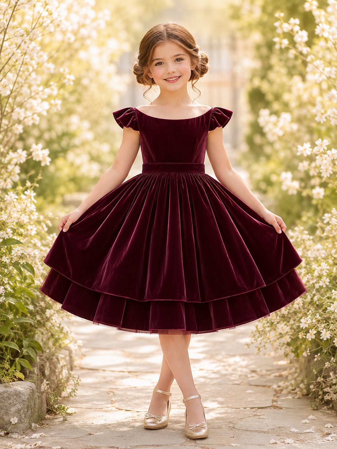 Plum Velvet Layered A-Line Flower Girl Party Dress with Cap Sleeves Ruffles and Bow front view