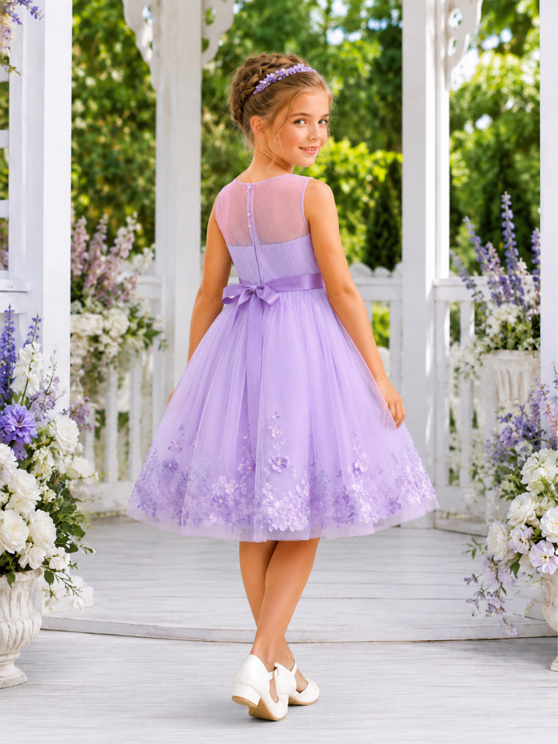 Princess Knee-Length A-Line Garden Flower Girl Lavender Tulle Floral Embroidered Bow Square Neck Dress back view