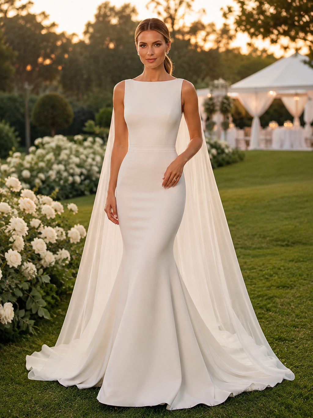 Beach Satin Chiffon Wedding Dress Mermaid Jewel Neck Sleeveless Sweep Train Bridal Gown front view