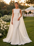 Beach Satin Chiffon Wedding Dress Mermaid Jewel Neck Sleeveless Sweep Train Bridal Gown front view