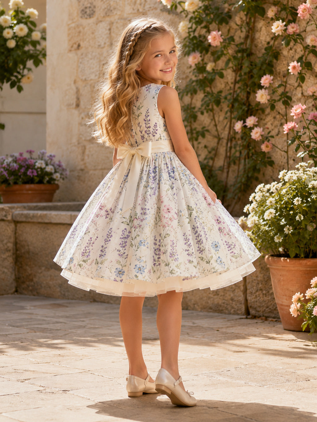 Romantic Floral Botanical Print Flower Girl Dress with Sleeveless Tulle A-Line, Natural Waist, and Tea-Length Skirt back view