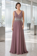 Dusty Rose V-neck Sleeveless A-Line Chiffon Floor-Length Dress With Beaded Bodice