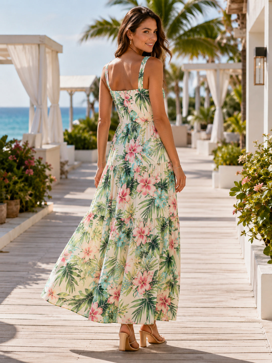 Tropical floral square neck sleeveless chiffon ankle length dress back view