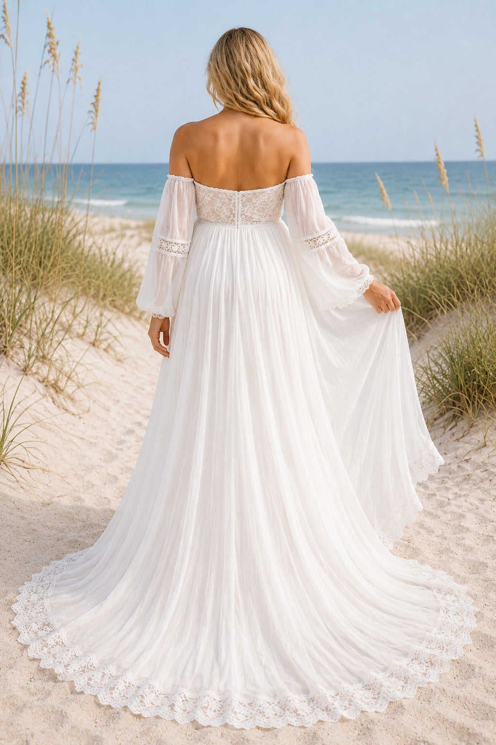 Ivory Off-the-Shoulder Bell Sleeve Maternity Wedding Dress with Lace Train back view