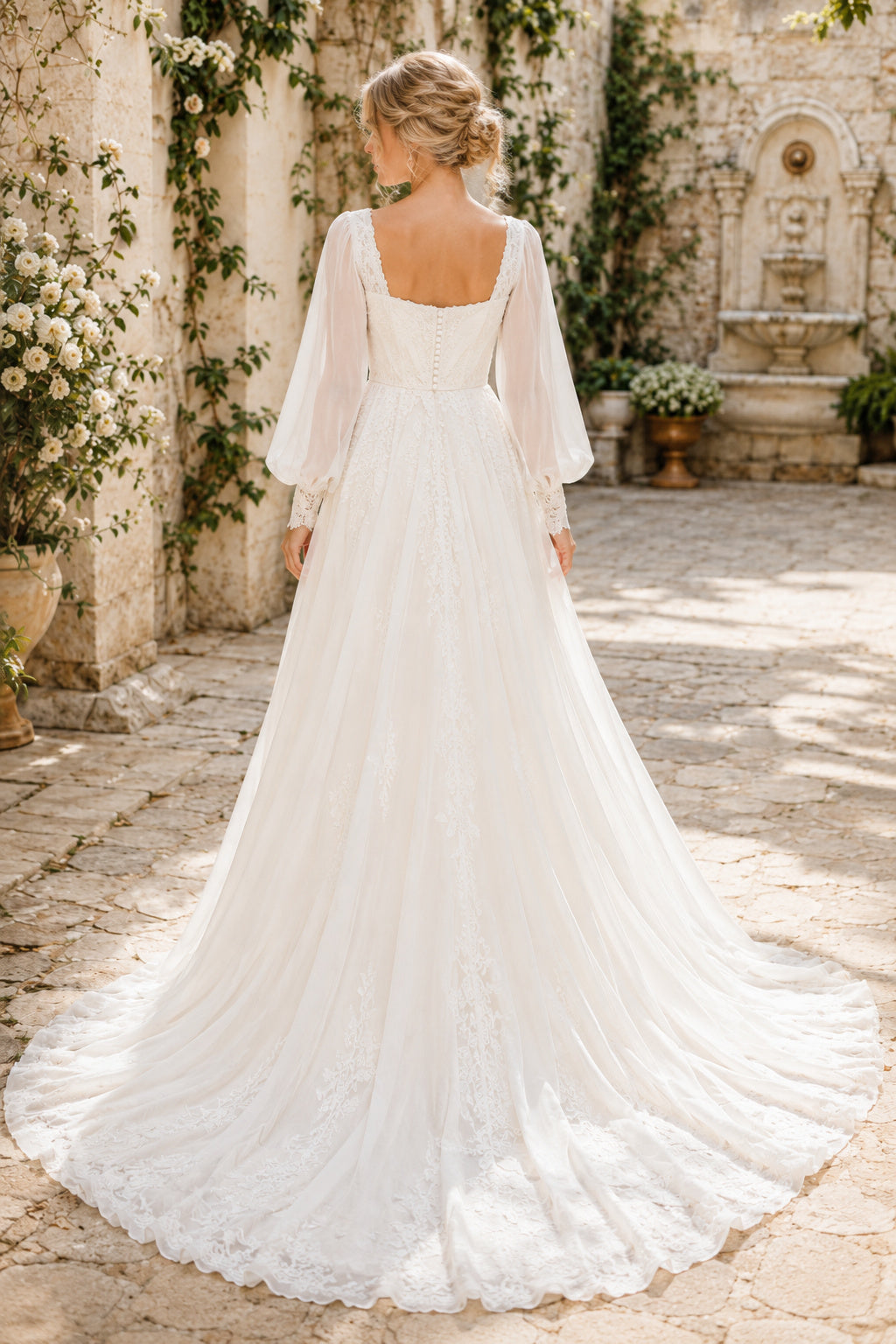 Ivory Simple Square Neck A-Line Chiffon Tulle Wedding Dress with Long Poet Sleeves and Chapel Train back view