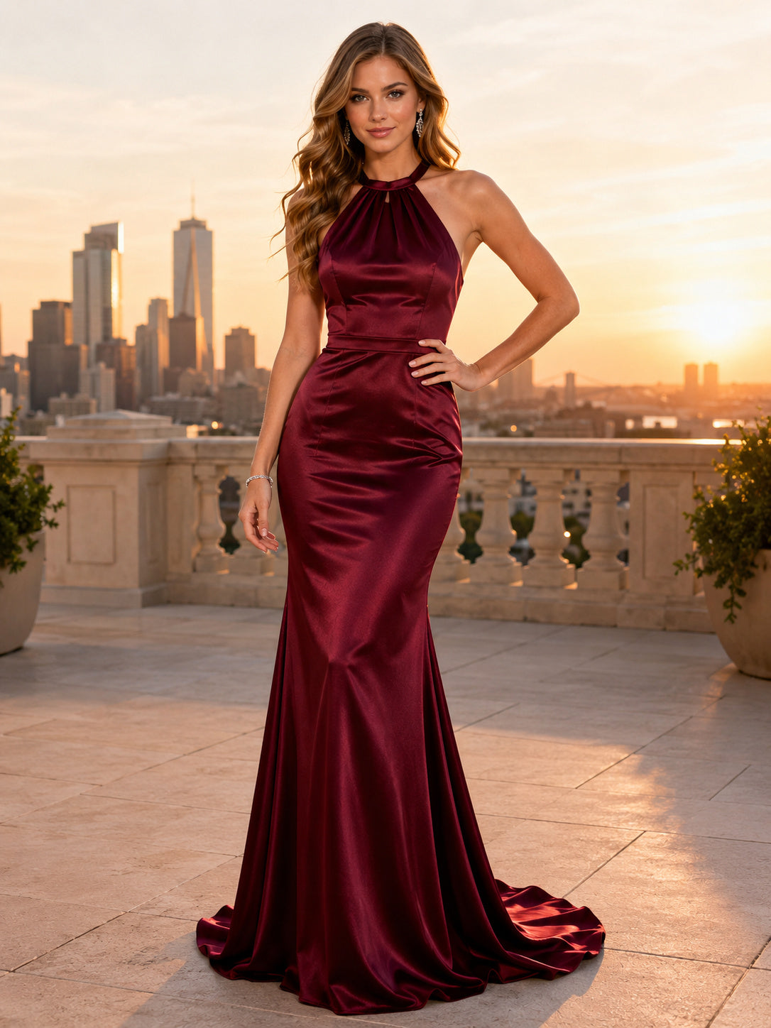 Burgundy High Neck Halter Satin Mermaid Backless Sweep Train Prom Gown front view
