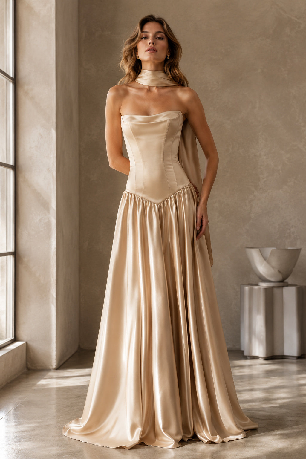 Champagne Strapless Satin A-Line Formal Dress front view