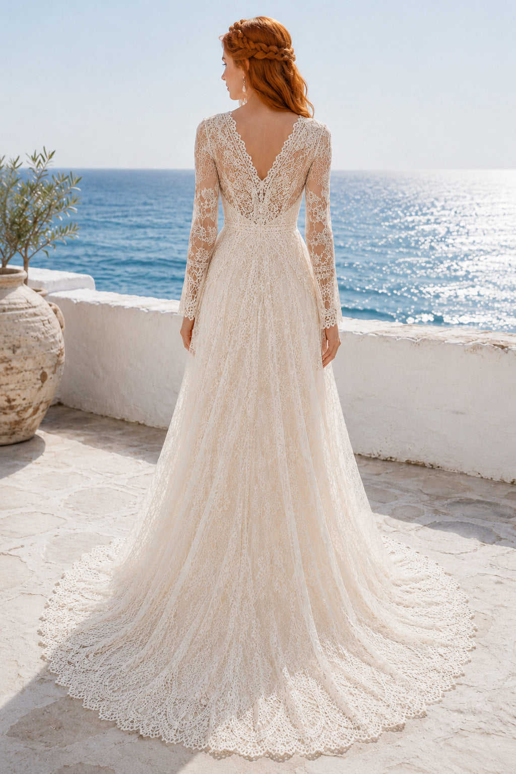 Ivory Long Sleeve V-Neck Lace A-Line Wedding Dress Chapel Train for Bridal Ceremony and Reception back view