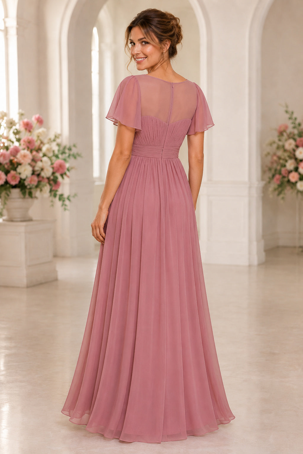 Dusty Rose illusion short sleeve chiffon A line dress with pleated bodice Floor-length A-Line Bridesmaid Dress back view