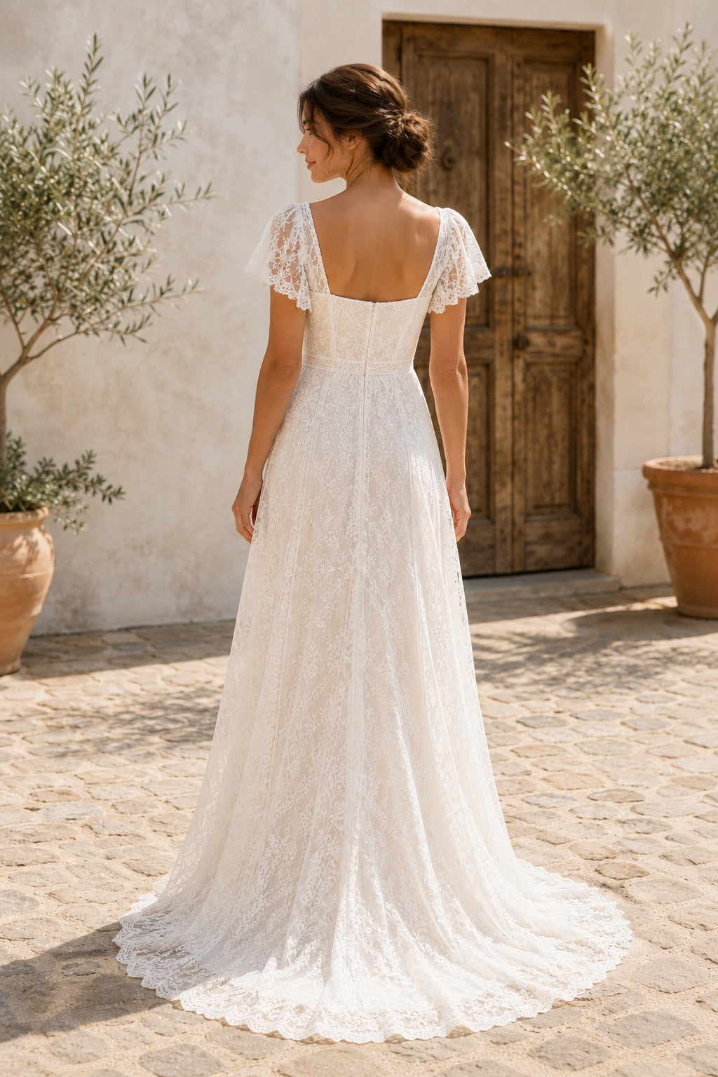 Ivory Square Neck Short Sleeve Lace A-Line Wedding Dress with Soft Train back view