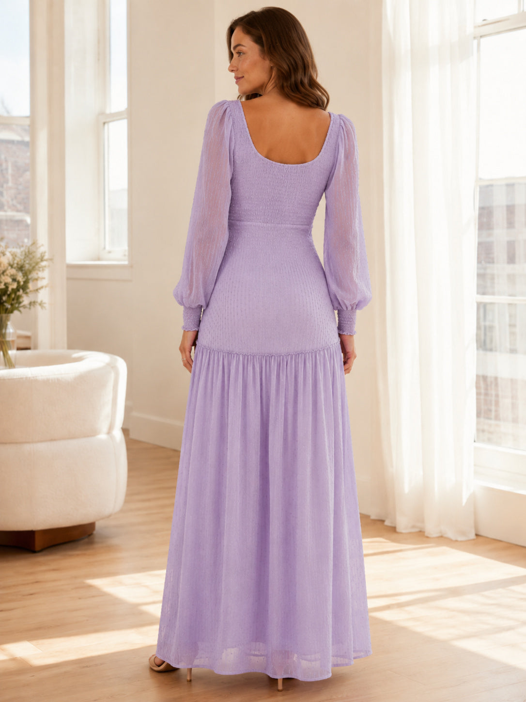 Lilac Maternity Square Neck Balloon Sleeve Dropped Waist Floor Length Dress back view