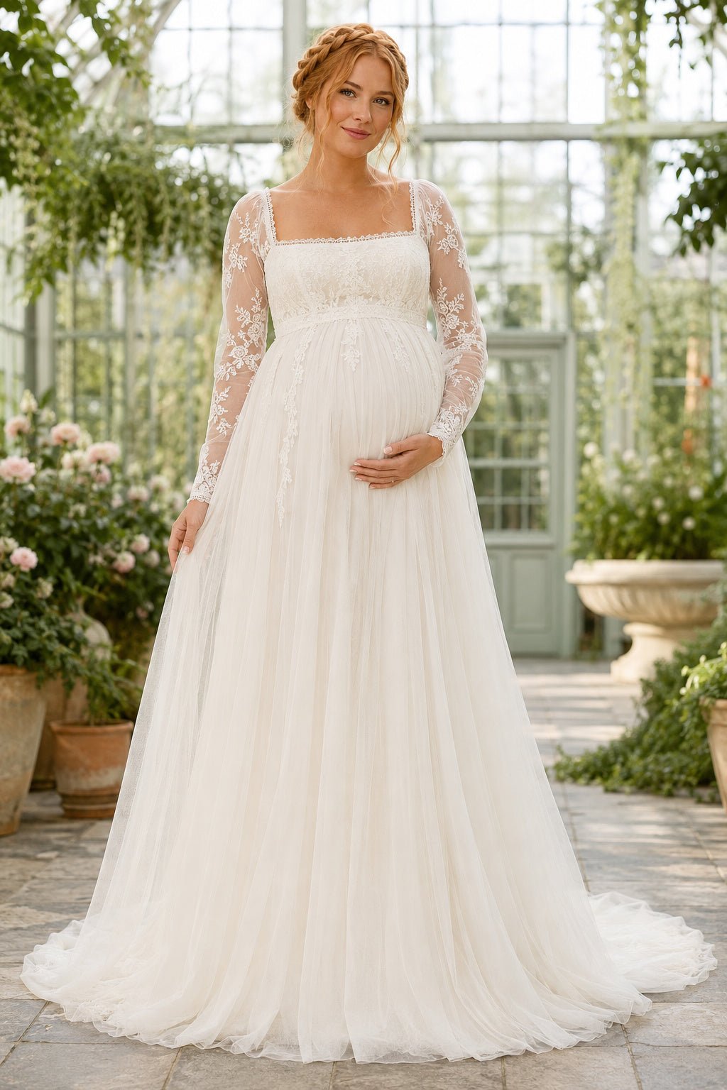 Ivory Maternity Square Neck Long Sleeve Lace A-Line Wedding Dress with Tulle Train Style MG_701147 front view