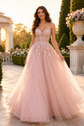 Blushing Pink Strapless Lace Applique Ball Gown with Full Tulle Skirt Floor Length And Sweep/Brush Train Ball Gown Prom Dress