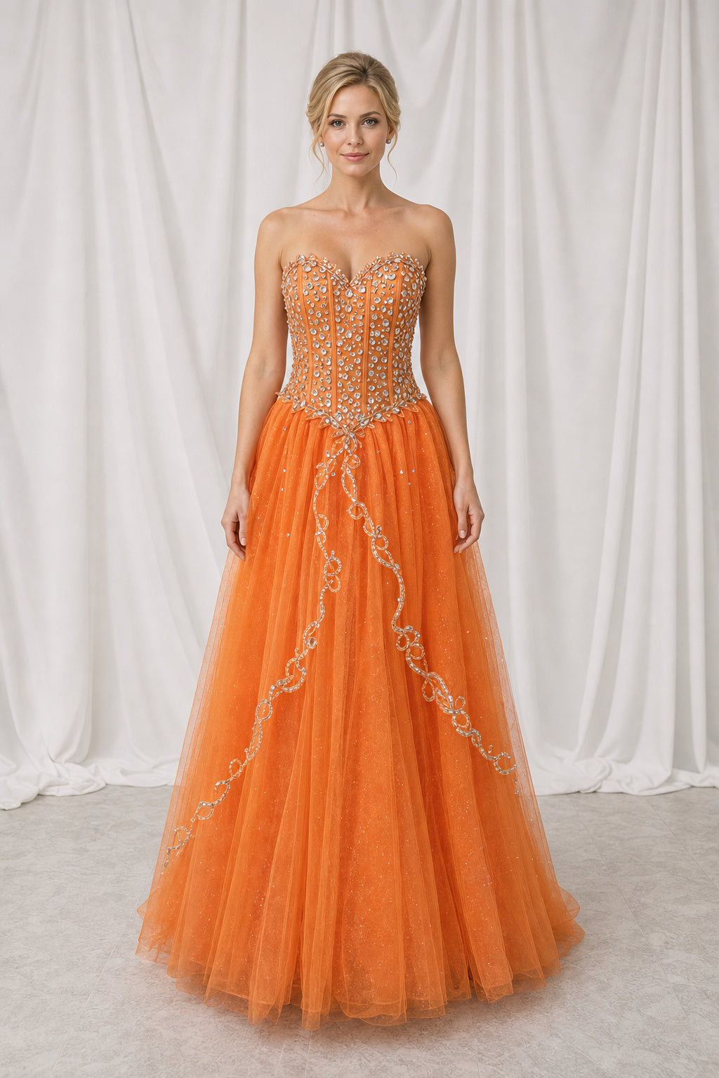 Orange Strapless Sweetheart A-Line Tulle Floor-Length Dress With Beaded Bodice