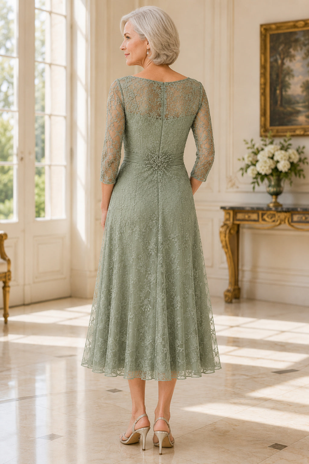Sage Tea Length Lace A-Line Mother Dress with Three Quarter Illusion Sleeves back view