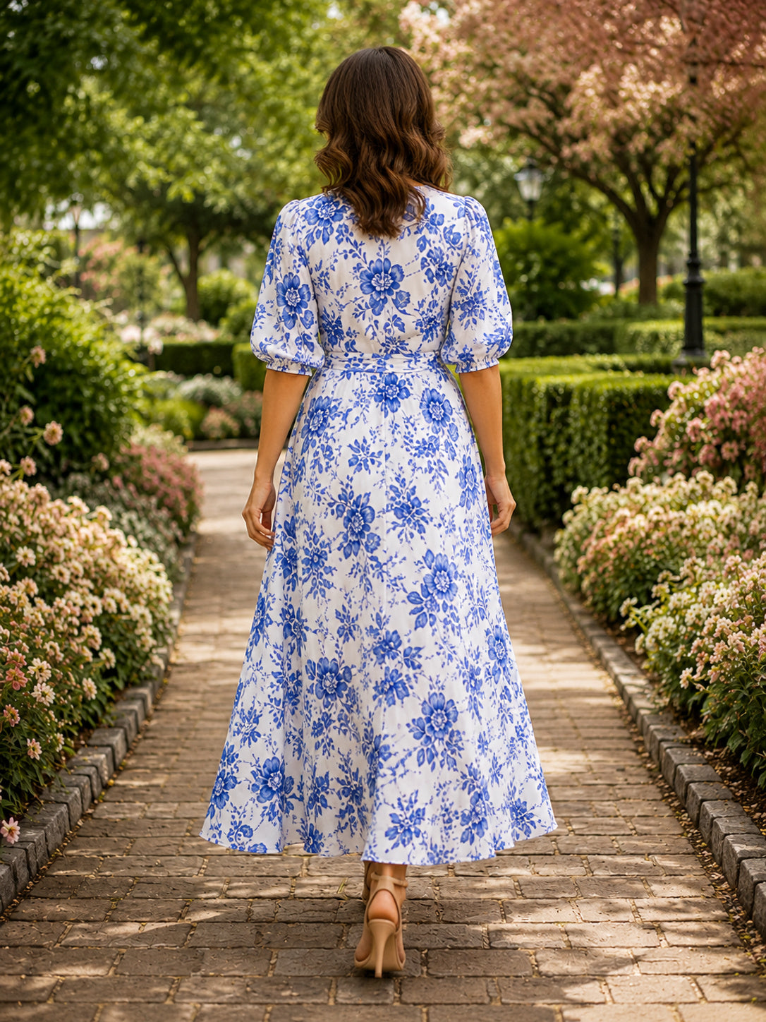 Blue floral V-neck half sleeve wrap A-line midi dress back view