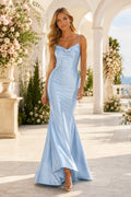 Sky Blue Cowl Neck Satin Mermaid Bridesmaid Dress with Spaghetti Straps front view