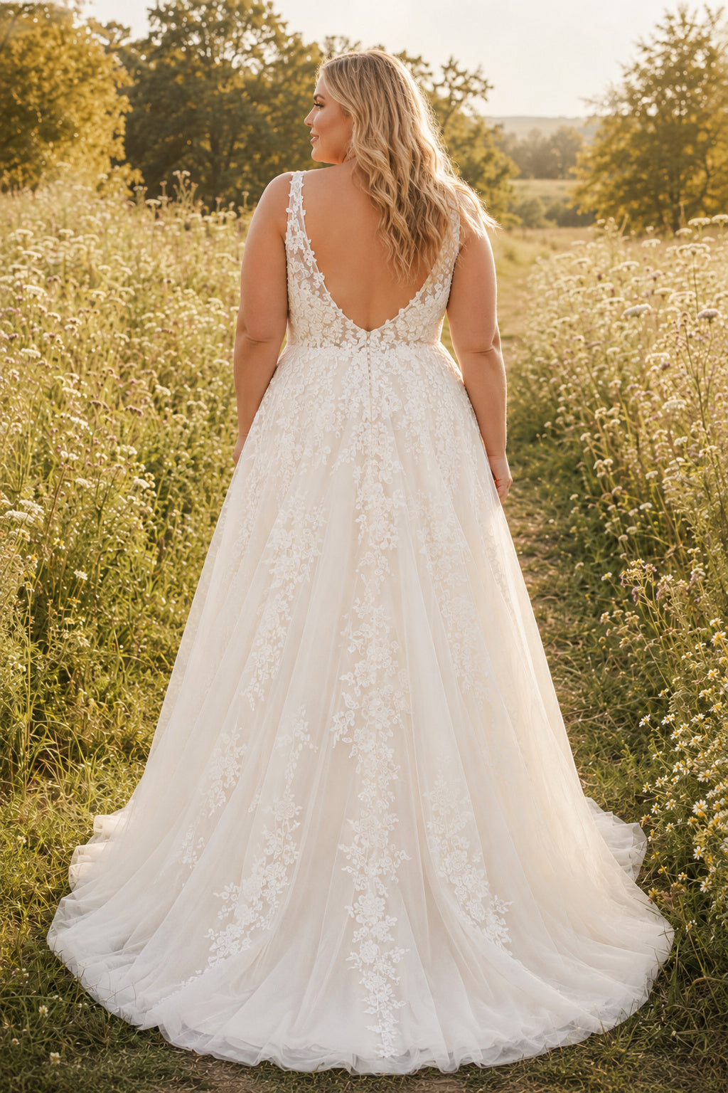 Plus Size Ivory V-Neck Strap Sleeveless Lace Tulle A-Line Wedding Dress with Lace Bodice and Tulle Sweep Train back view