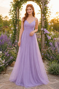 Lavender Spaghetti Tulle A-Line Bridesmaid Dress with V-Neck and Soft Layered Skirt front view