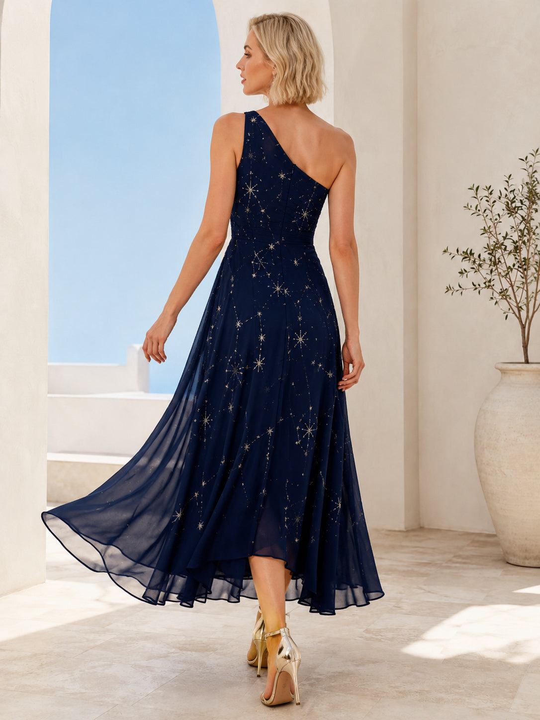 Dark Navy One Shoulder Celestial High Low Chiffon Guest Dress back view
