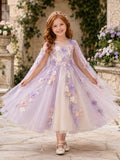 Lavender Floral Flower Girl Gown with Long Illusion Petal Sleeves, Applique Tulle A-Line, Full Skirt, and Formal Garden Style
