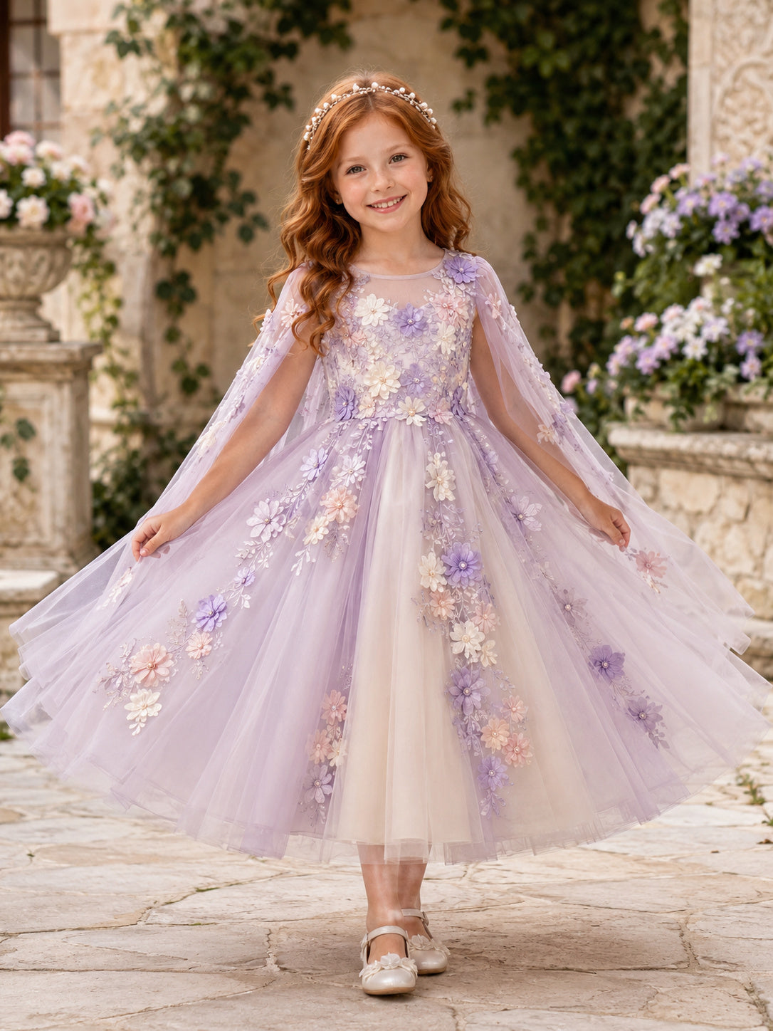 Lavender Floral Flower Girl Gown with Long Illusion Petal Sleeves, Applique Tulle A-Line, Full Skirt, and Formal Garden Style