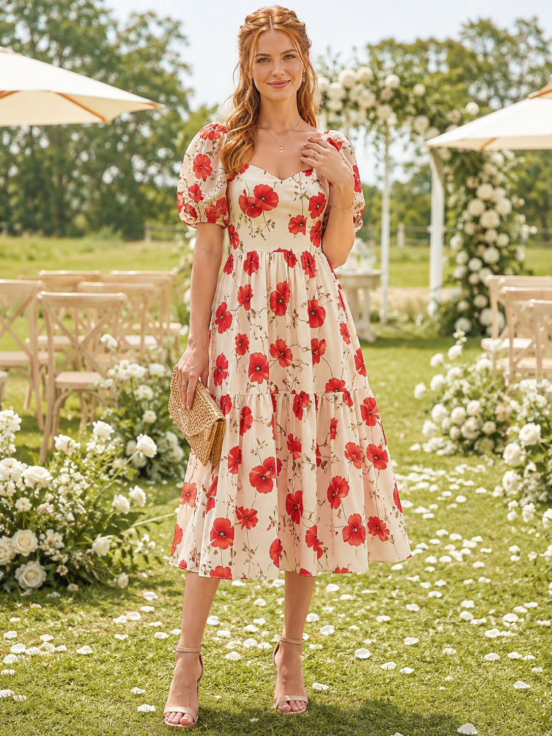 Ivory Red Poppy Square Neck Puff Tiered Midi Guest Dress front view