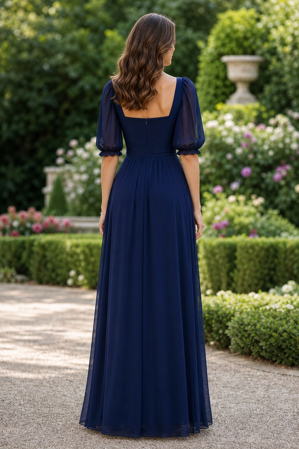 Navy Scoop Neck Floor-Length Chiffon A-Line Dress