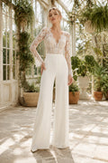 Ivory Long Sleeve Lace Bodice Bridal Jumpsuit with Wide Leg Pants front view
