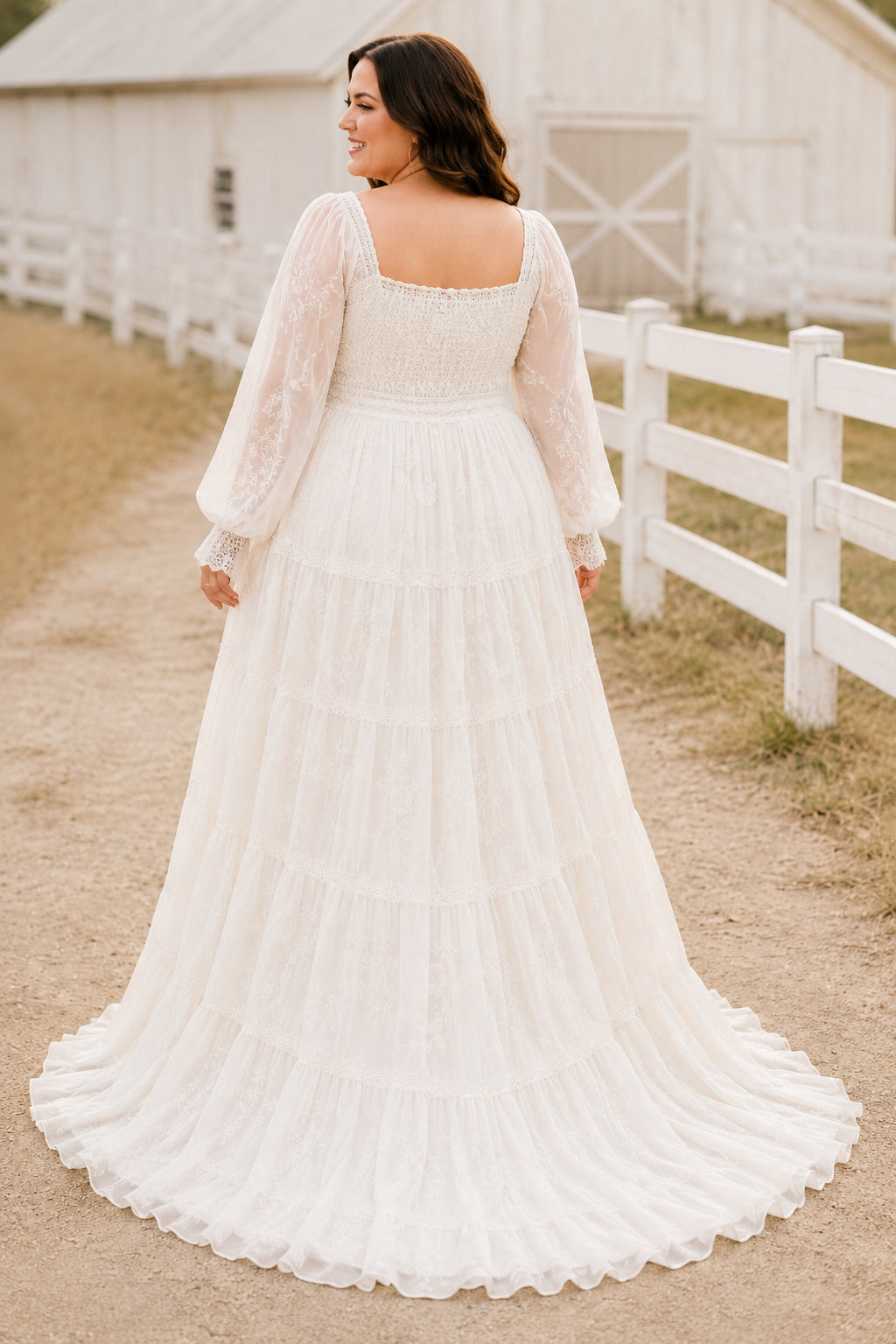 Plus Size Square Neck Long Sleeve Lace A-Line Wedding Dress with Train back view
