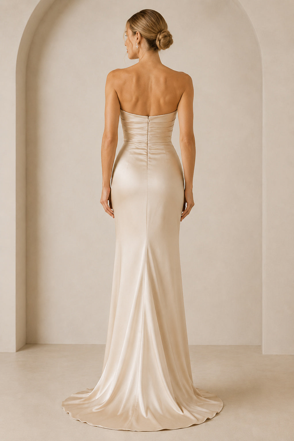 Champagne Strapless Satin Sheath Evening Dress Cowl Neckline for Evening and Formal Events back view