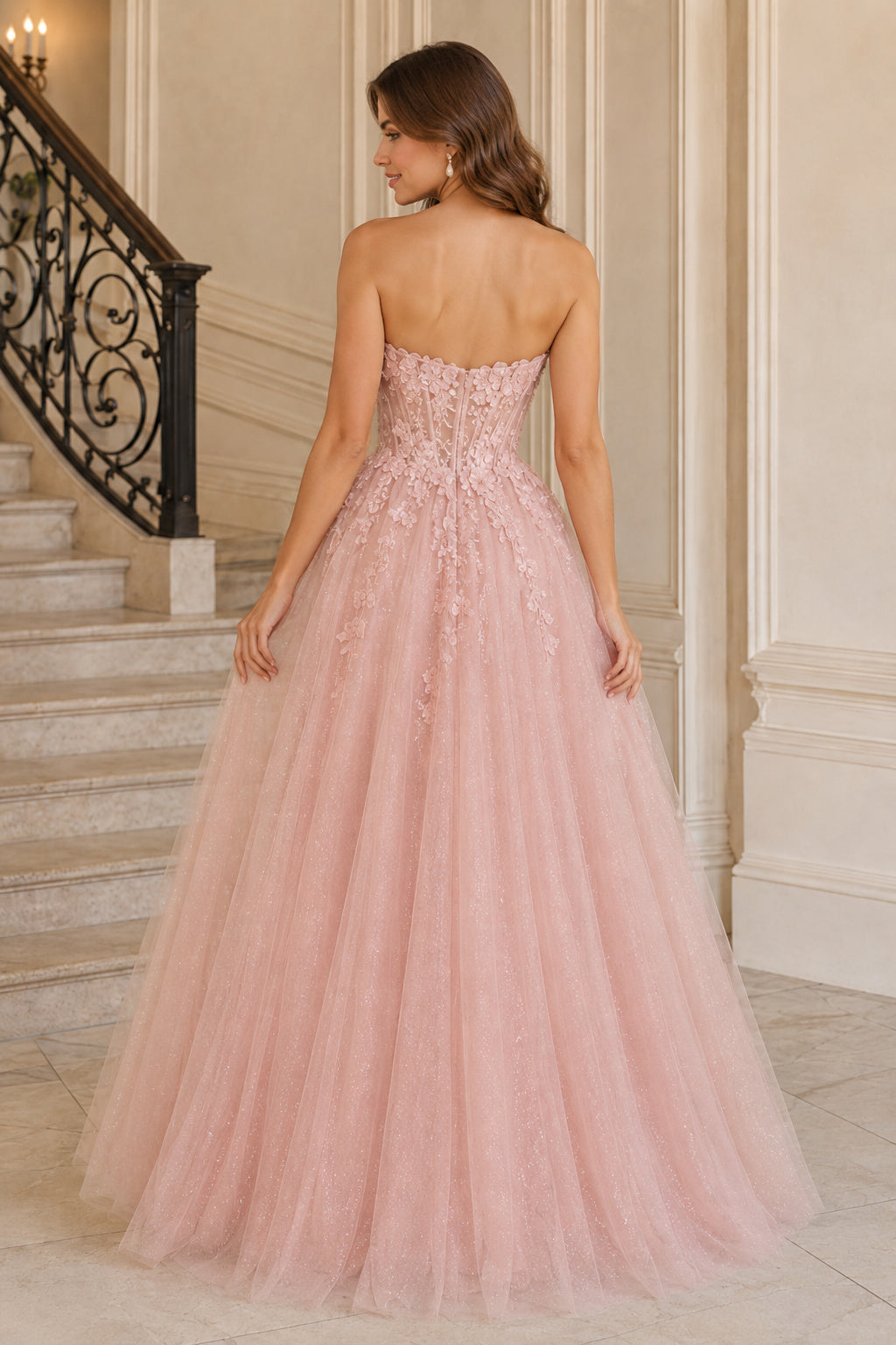 Blushing Pink Strapless Glitter Tulle A-Line Prom Gown with Corset Bodice back view