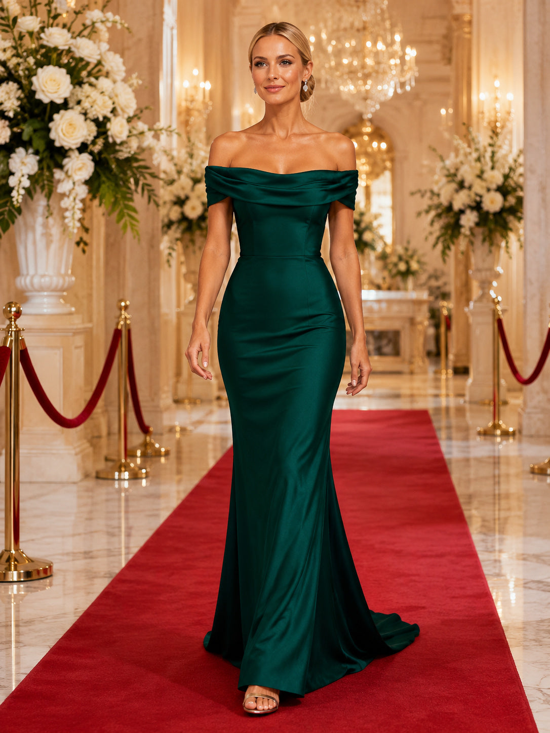 Dark Green Glamorous Gala Wedding Guest Bridesmaid Evening Formal Dress Mermaid Trumpet Floor-Length Off-Shoulder Sweetheart